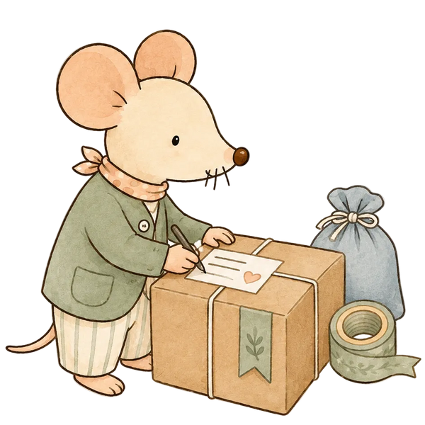 A cute cartoon mouse wearing a green jacket and striped pants writes on a package with a pen, next to a brown cardboard box, a gray drawstring bag, and a roll of tape on a white checkered background.