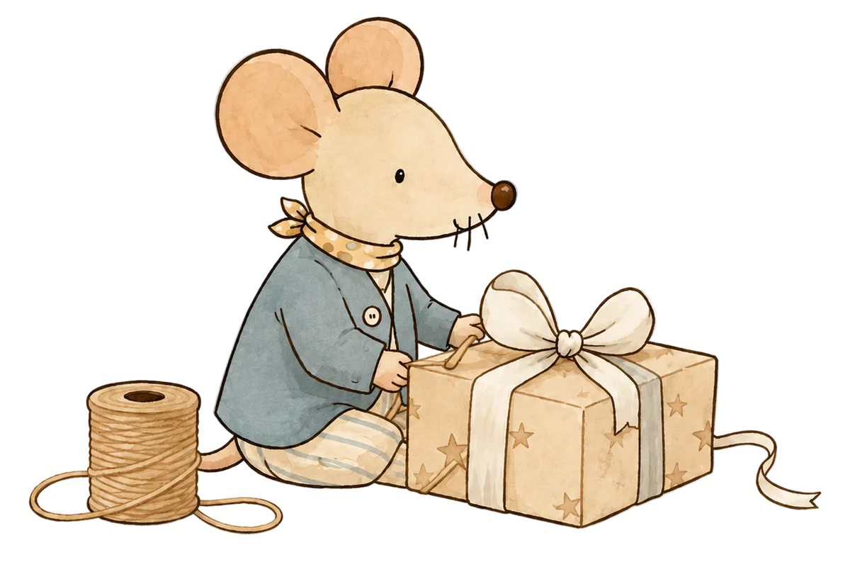 A cute watercolor-style illustration of a small mouse wearing a blue jacket and striped pants, kneeling beside a wrapped gift box with a large cream bow. A spool of twine sits to the left on a plain white background.