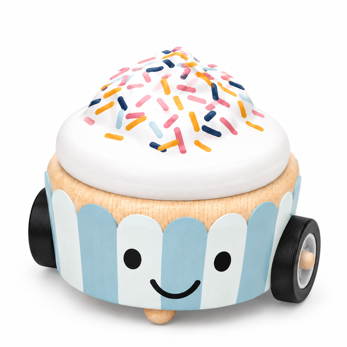 A wooden cupcake toy with a smiling face, decorated with white frosting and multicolored sprinkles, on a plain white background.