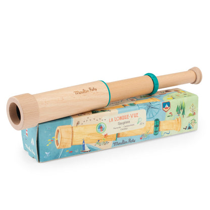 Wooden toy telescope with colorful packaging on a white background