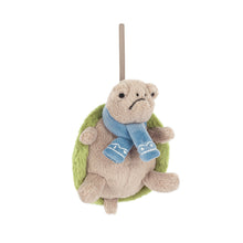 Jellycat Plush turtle hanging ornament  with a blue scarf on a white background.