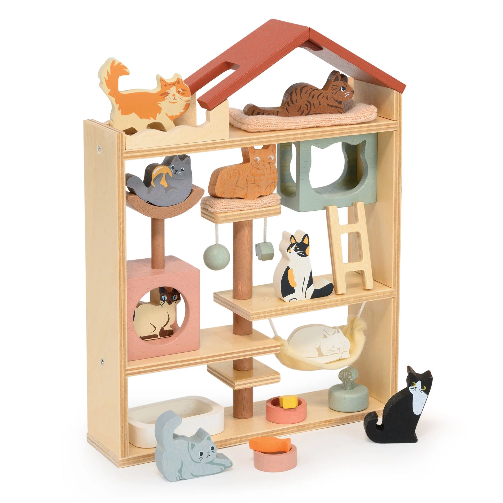 Wooden cat playhouse with shelves and small cat and kitten figures on a white background