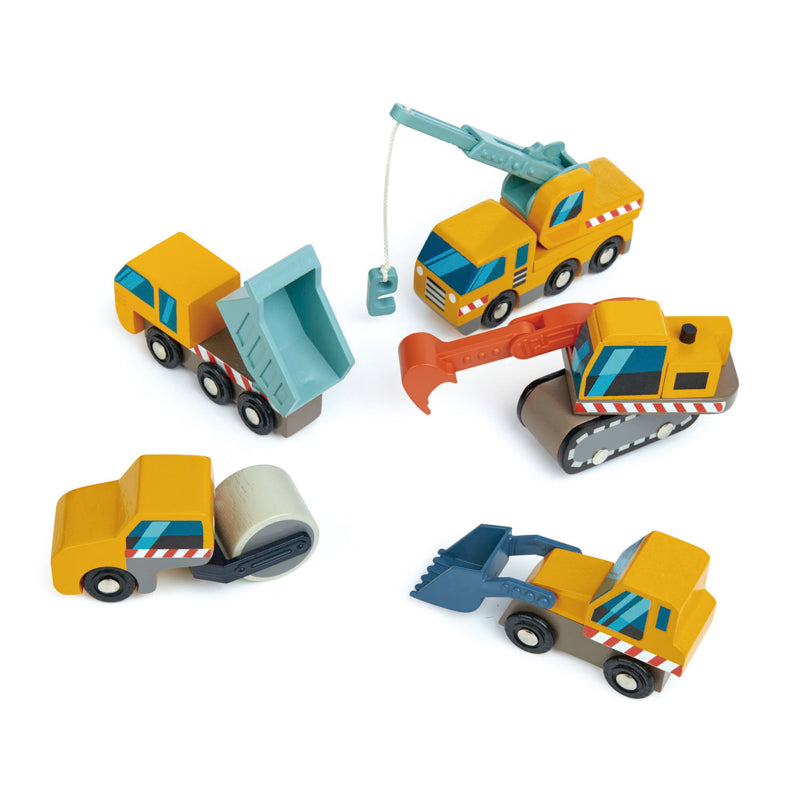 5 small yellow wooden construction vehicle toys