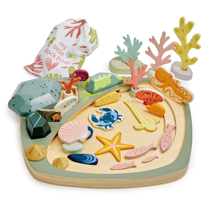 Wooden Rock pool imaginative play set with cloth storage bag - Tender Leaf Toys at Send A Toy