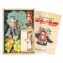 Wooden playset with Little Red Riding Hood characters and packaging.