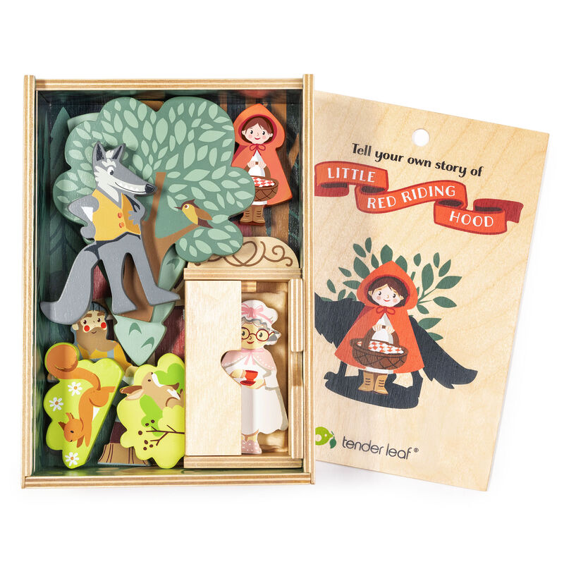 Wooden playset with Little Red Riding Hood characters and packaging.