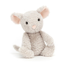 A plush toy mouse with grey scrumbly fur, pink petal ears, and a tufted tail.