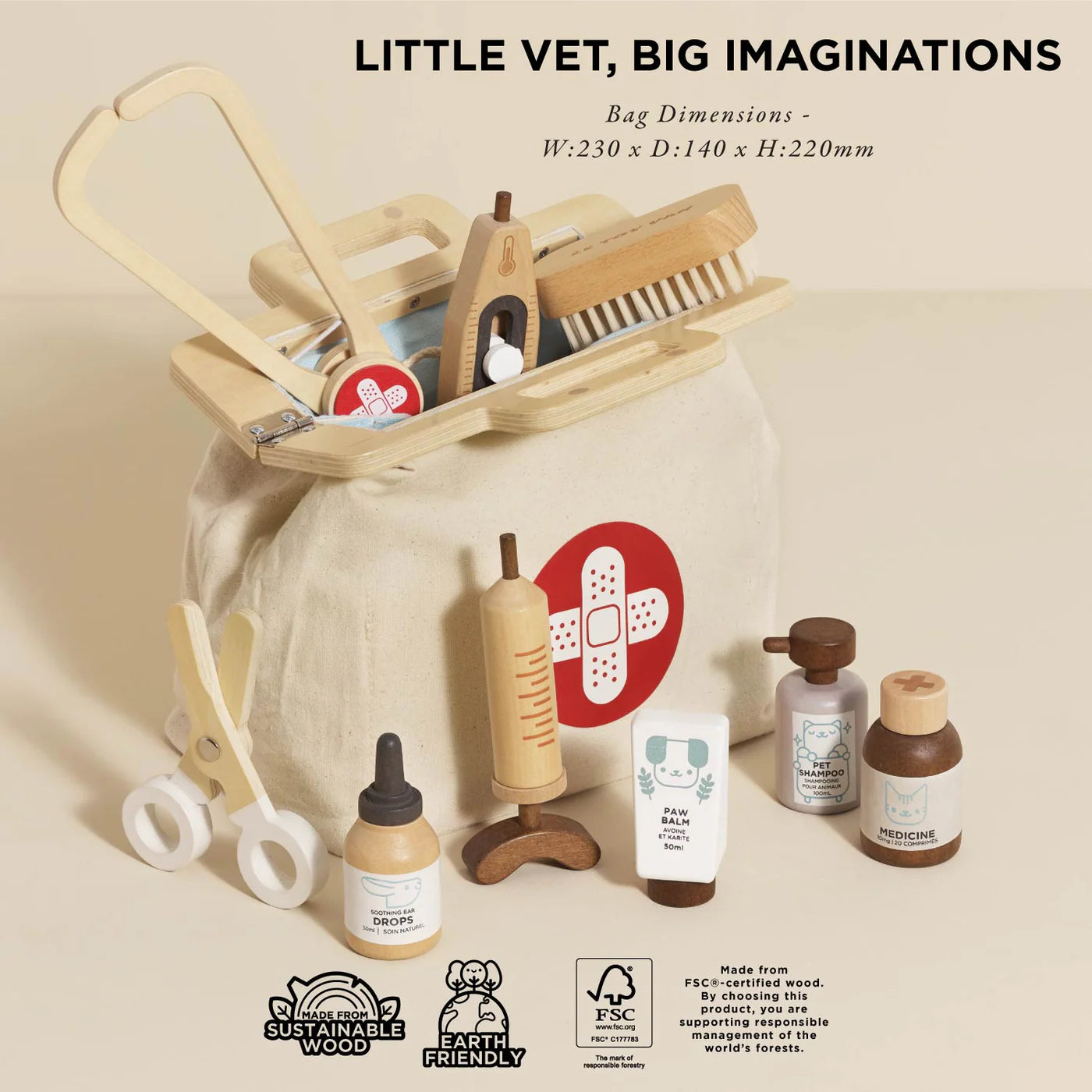 Children's playset with wooden stroller, bottles, and medical tools on a beige background with text 'Little Vet, Big Imaginations'.
