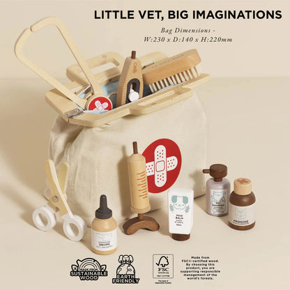 Children's playset with wooden stroller, bottles, and medical tools on a beige background with text 'Little Vet, Big Imaginations'.
