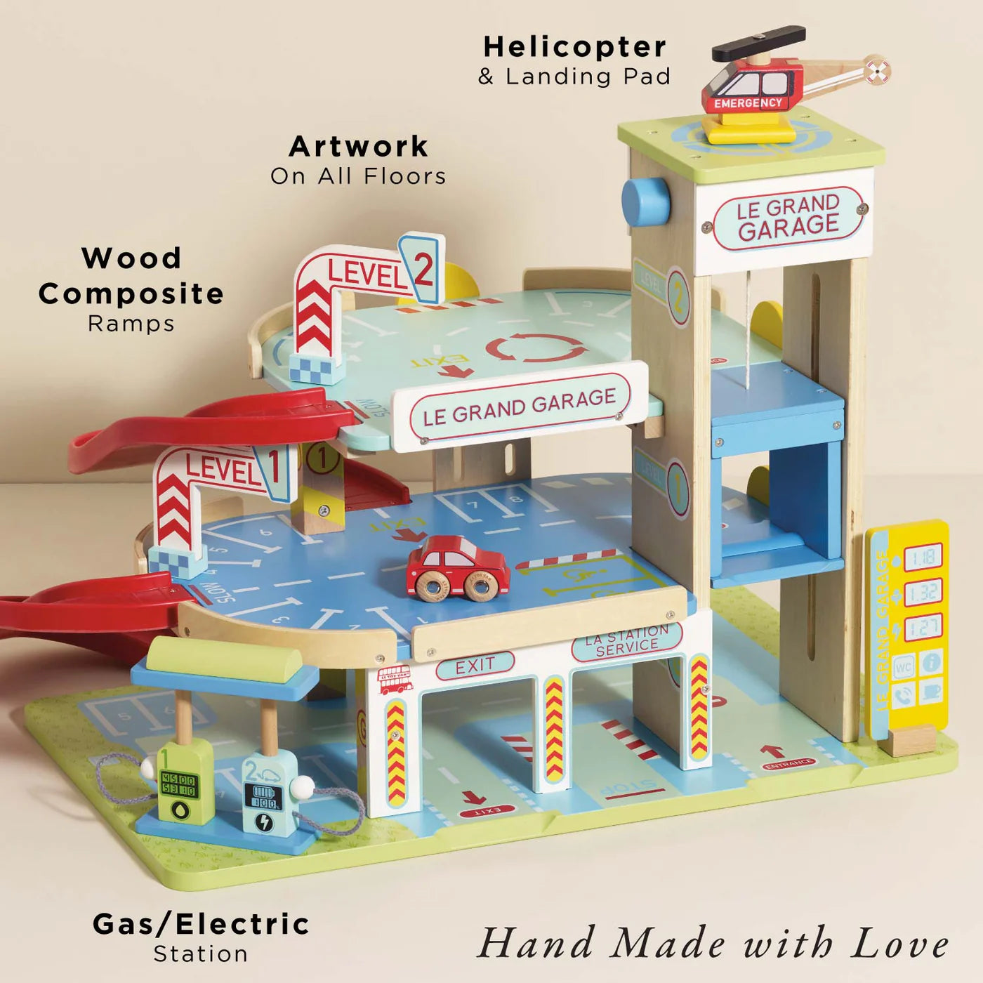 Wooden toy garage with helicopter and landing pad on a beige background