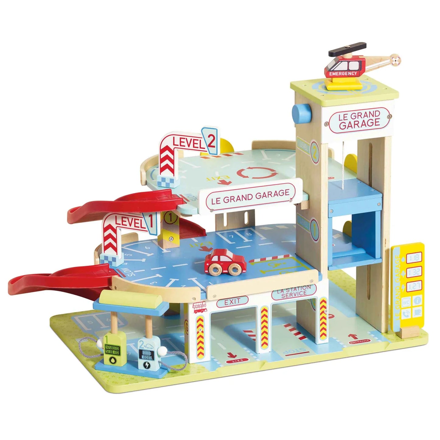 Toy garage set with multiple levels and cars on a white background