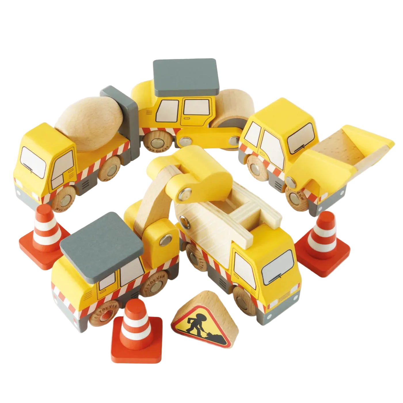 Set of wooden toy construction vehicles on a white background