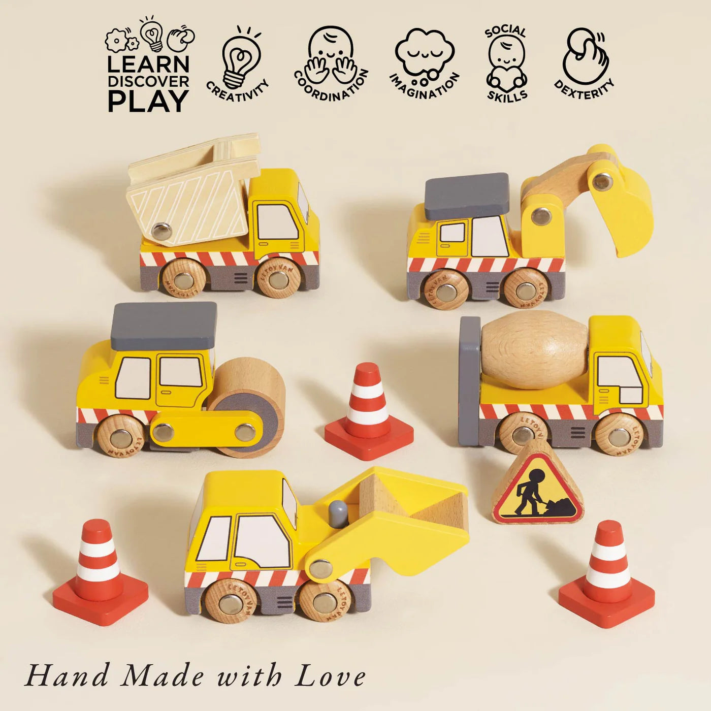 Set of wooden construction toy vehicles on a beige background with educational icons above.