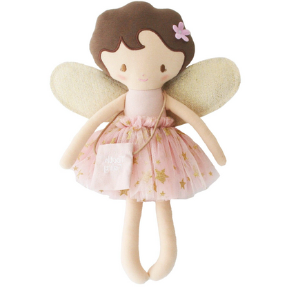 Fairy doll with pink dress and beige wings on a white background