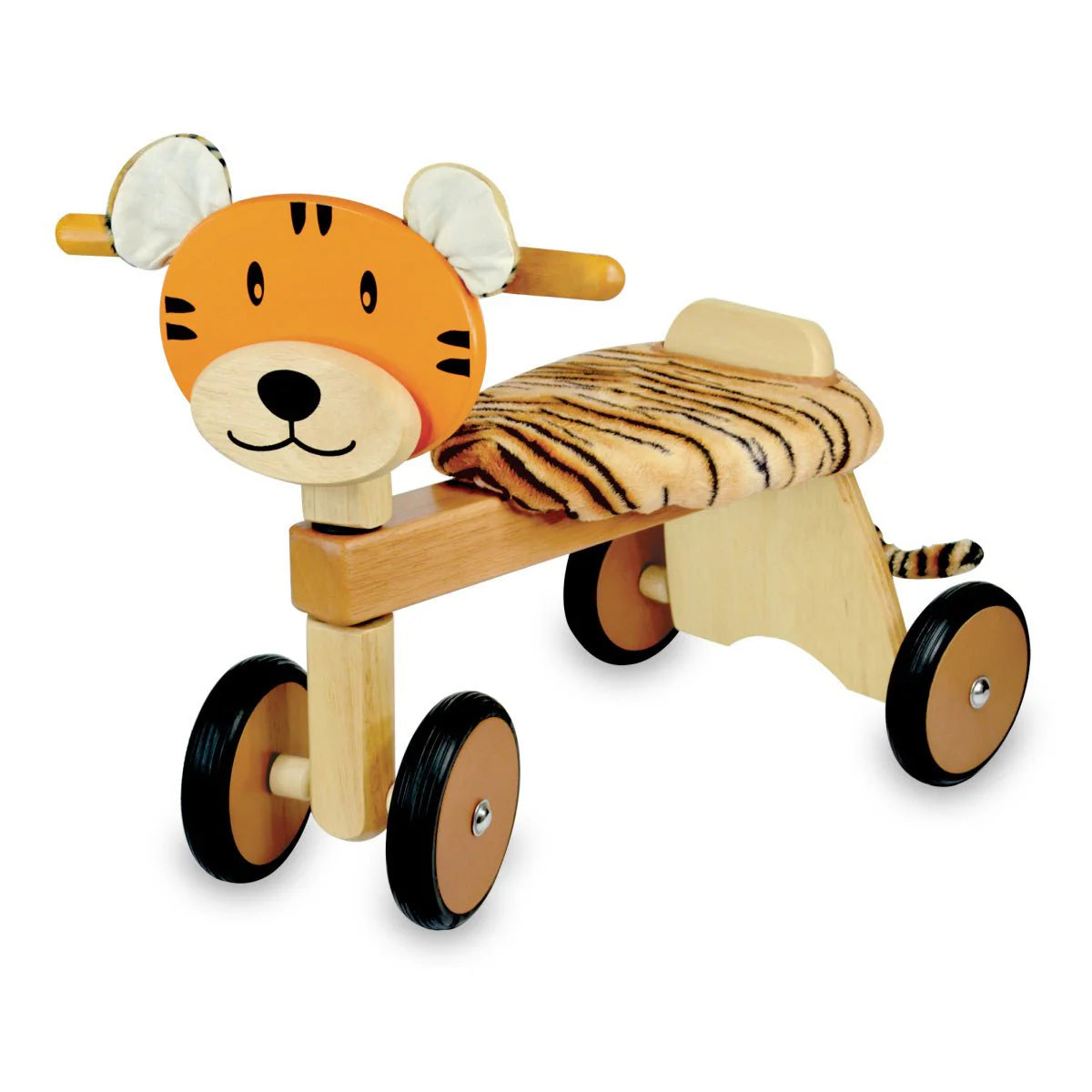 Paddle Rider Tiger wooden trike toy. Ride-on toy with cute orange and black painted tiger face, fabric ears, padded tiger stripe seat, wooden frame and wheels with black rubber trims.