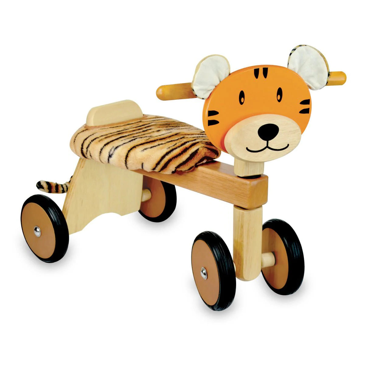 Paddle Rider Tiger wooden trike toy. Ride-on toy with cute orange and black painted tiger face, fabric ears, padded tiger stripe seat, wooden frame and wheels with black rubber trims.