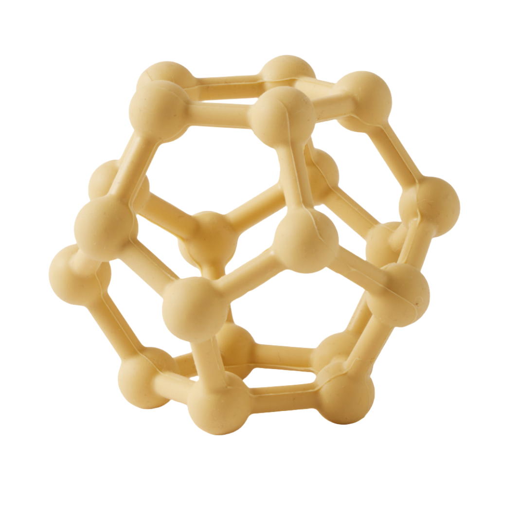 A silicone teething fidget ball in a lemon yellow color with a geometric cage-like design.