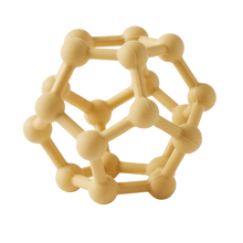 A silicone teething fidget ball in a lemon yellow color with a geometric cage-like design.