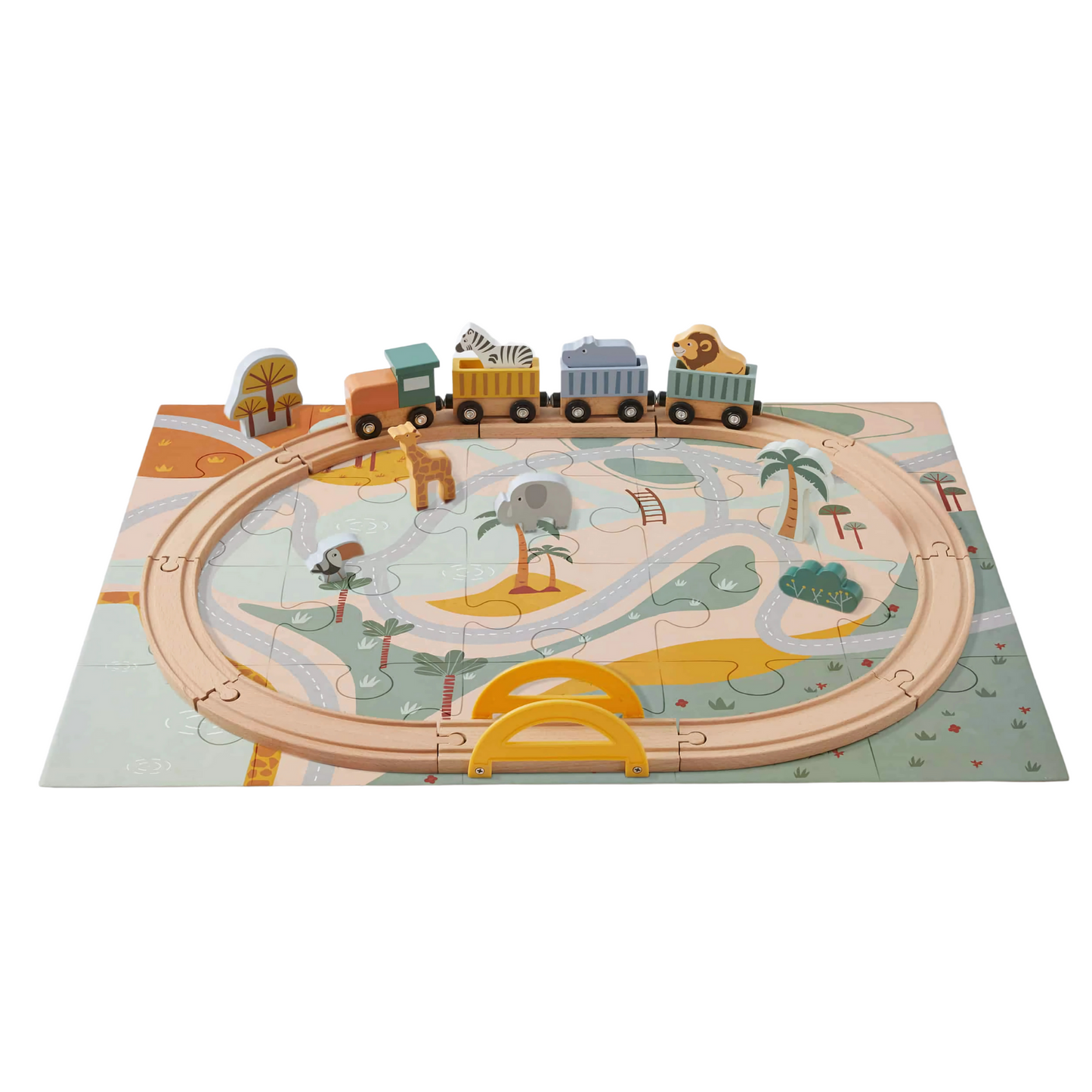 A wooden train set with animal puzzle pieces, including representations of an elephant and a giraffe, on a green landscape with a bridge.