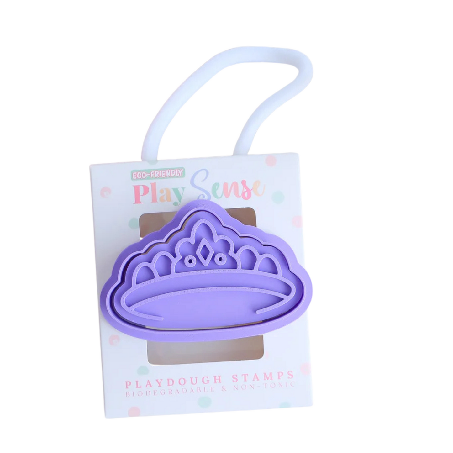 A purple princess crown playdough stamp on a packaging card, with the brand 'Play Sense' visible at the top.
