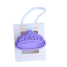 A purple princess crown playdough stamp on a packaging card, with the brand 'Play Sense' visible at the top.