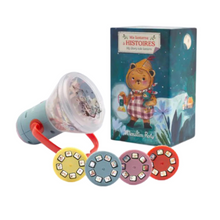 A children's story tale lantern with multiple story discs, illustrated gift box, and a nightlight feature.