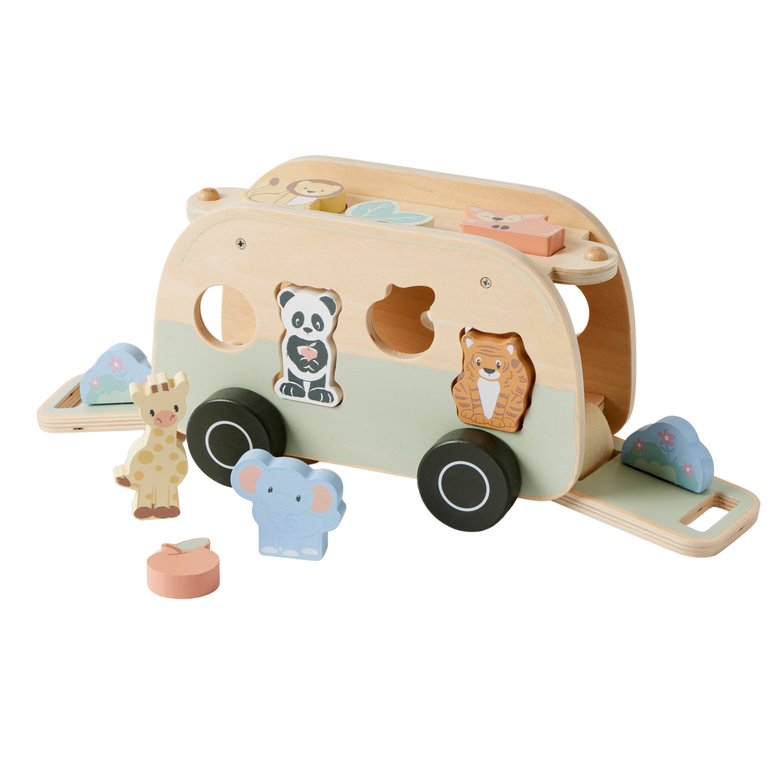 Wood campervan shape sorting toy with pastel painted safari animal shapes