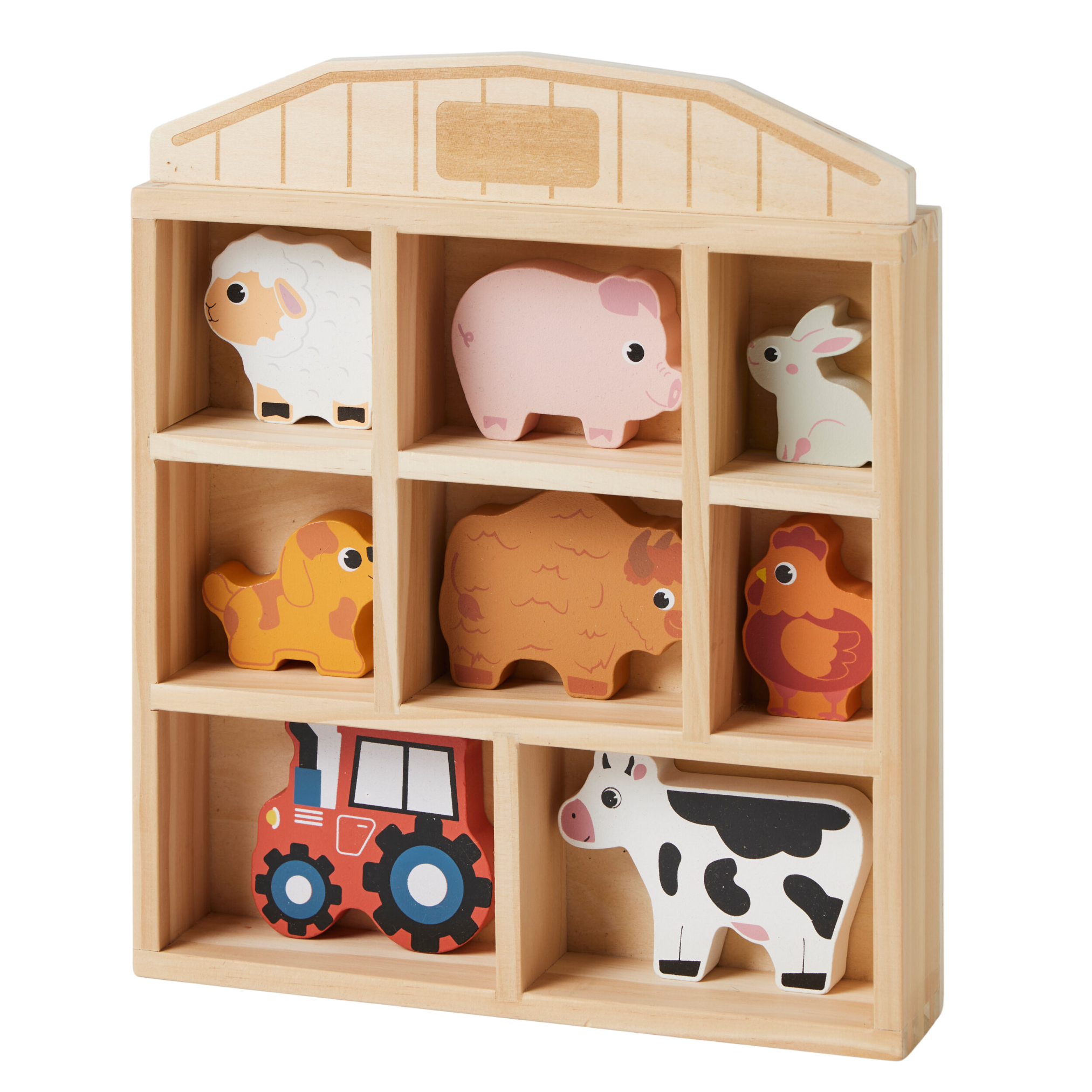 Wooden farm animal figures and red wooden tractor piece in a wooden farm shaped storage shelf.