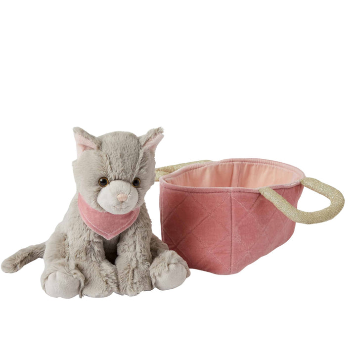 Grey kitten adoption set with pink carry basket, Jiggle and Giggle brand - Send A Toy