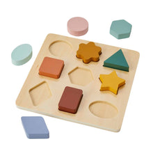 A wooden shape puzzle with various geometric shaped pieces in different colors.