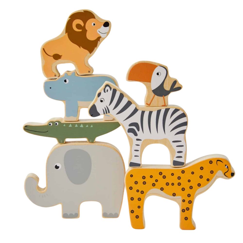 A set of wooden animal stacking toys including representations of a lion, hippopotamus, giraffe, zebra, elephant, and cheetah arranged in a stacked configuration.