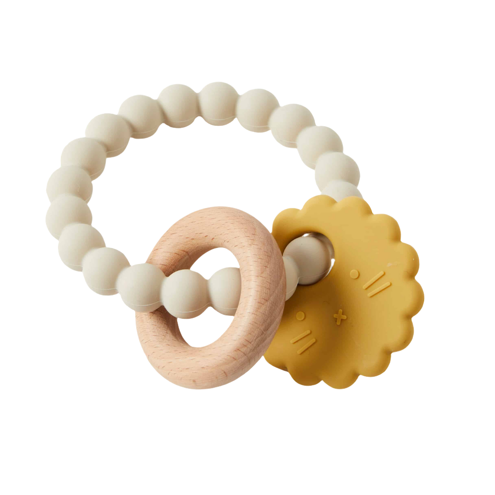 A silicone and wood teether designed with a lion shape and small beads linked together.