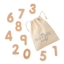 Wooden pieces representing Numbers  0 to 9 with  a calico drawstring storage bag.