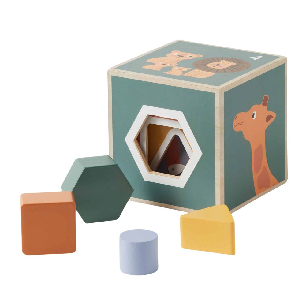 A wooden stacking and sorting cube toy with colorful geometric blocks and animal-themed compartments.