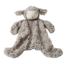 A plush gray sheep comforter toy with a soft, ruffled faux fur fabric and embroidered features, designed for cuddling.