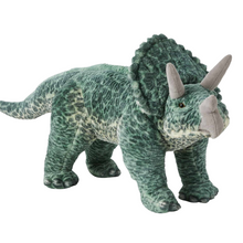 A large green standing triceratops soft toy with a Rhinoceros-like nose.