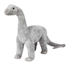 A large plush toy resembling a Brontosaurus dinosaur, in gray color, standing upright.
