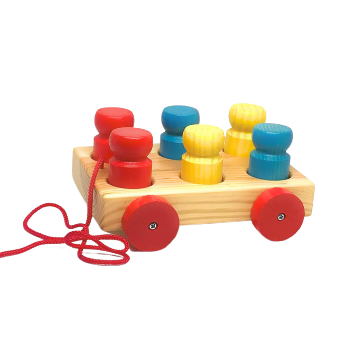 Wooden pull-alon Omnibus toy with 6 removeble wooden 'people' pegs - Send A Toy