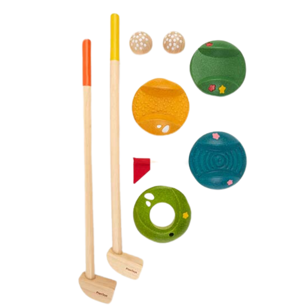 Child's wooden golf set toy with two putters, 2 balls and  4 golf tracks