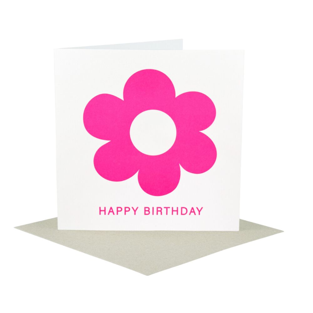 Fluro Pink Flower Happy Birthday Card - Large