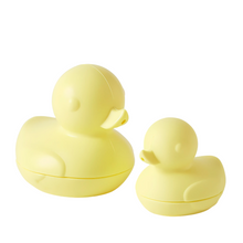 Two yellow silicone bubble duck bath toys, one large and one small, each with a squirter function.