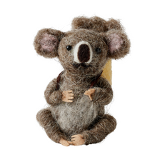 Handcrafted felt koala and baby figurine set, with the adult koala holding the baby koala on its chest.
