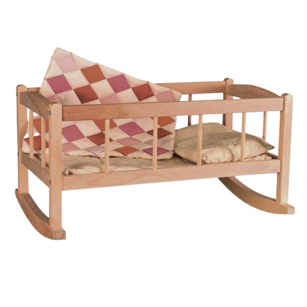 Dolls wooden rocking cradle with natural bedding and patchwork quick - Egmont Toys at Send A Toy