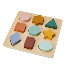 Basic chinky wooden puzzle with assorted geometric shapes.