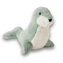 A plush toy resembling a seal with green and white coloring, designed for toddlers and newborns.