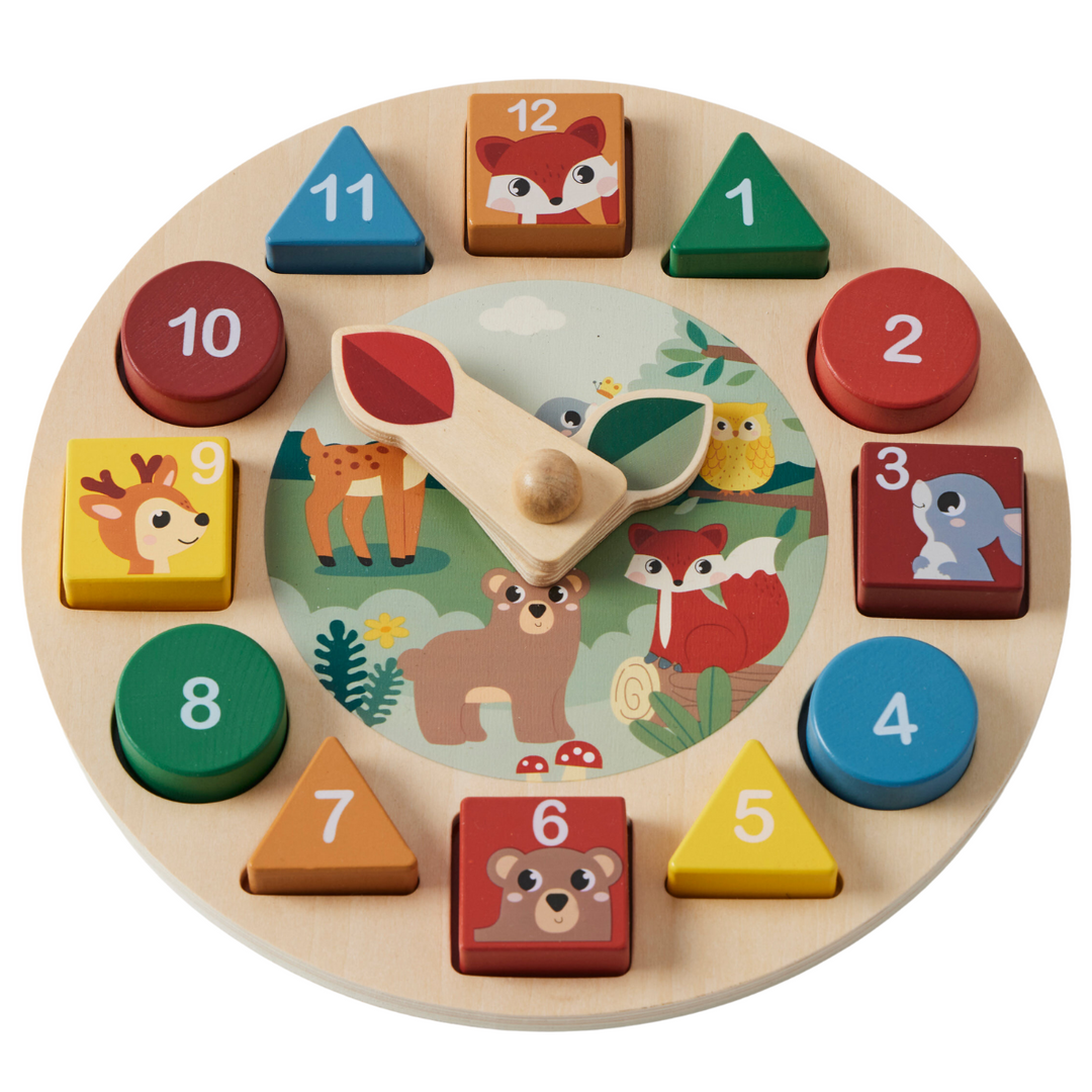 A wooden clock puzzle with animals and numbers on it