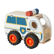 A wooden toy police car with blue and red accents, featuring a classic design with rubber wheels.