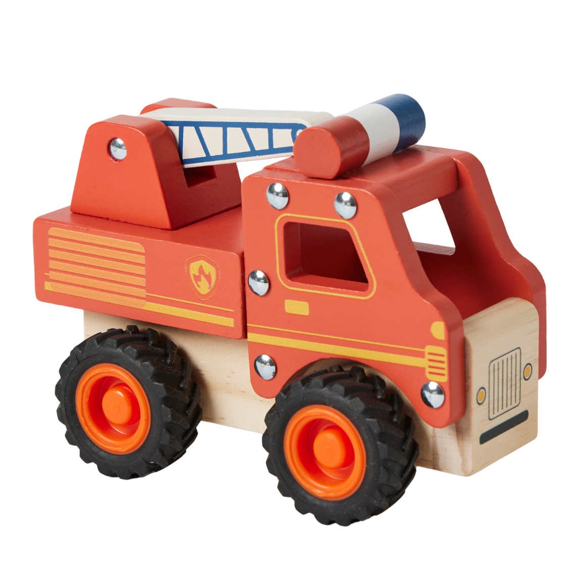 A wooden fire truck toy with red body, blue ladder, and orange wheels.