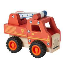 A wooden fire truck toy with red body, blue ladder, and orange wheels.