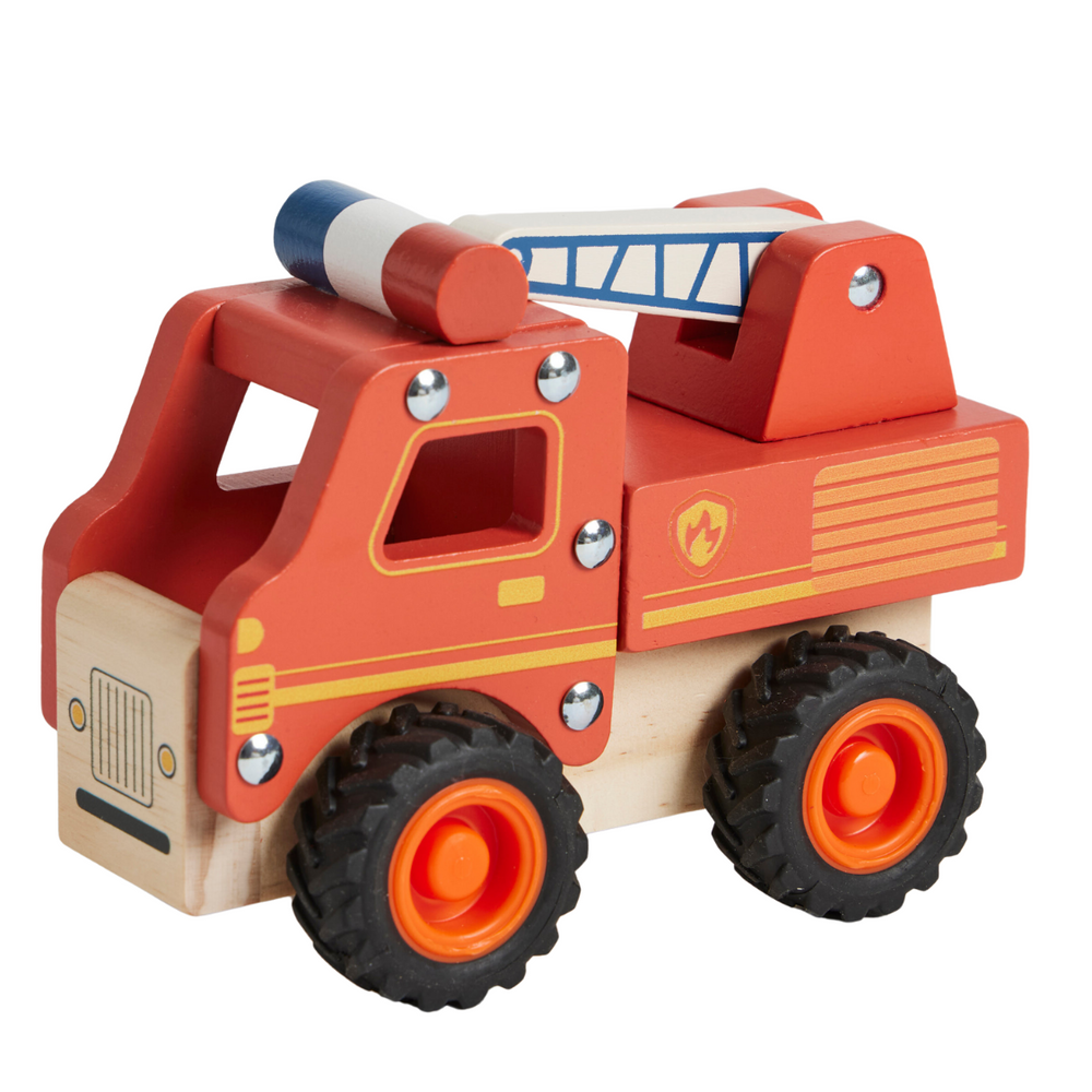 Red wooden fire truck vehicle toy with rubber wheels - Send A Toy